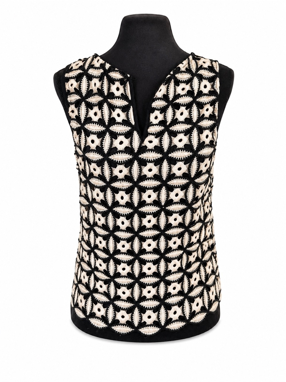 Black & Cream Floral Crochet Lace Sleeveless V-Neck Top Size M
